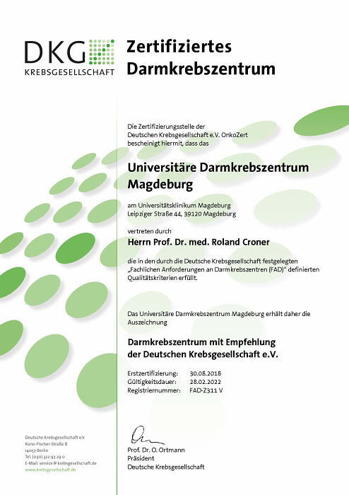 DKG-Zertifikat Universitäres Darmkrebszentrum Magdeburg 2018