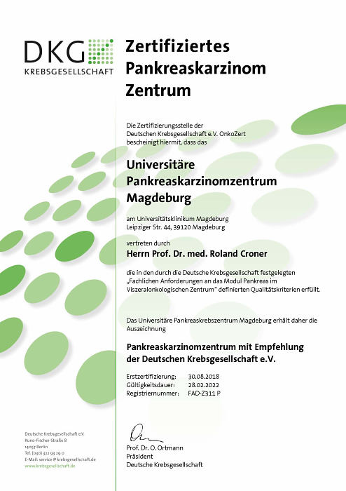 DKG-Zertifikat Universitäres Pankreaskrebszentrum Magdeburg 2018