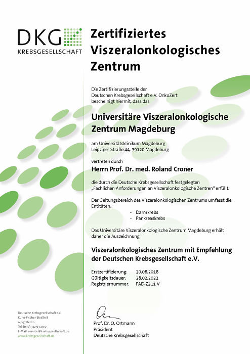 DKG-Zertifikat Universitäres Viszeralonkologisches Zentrum Magdeburg 2018